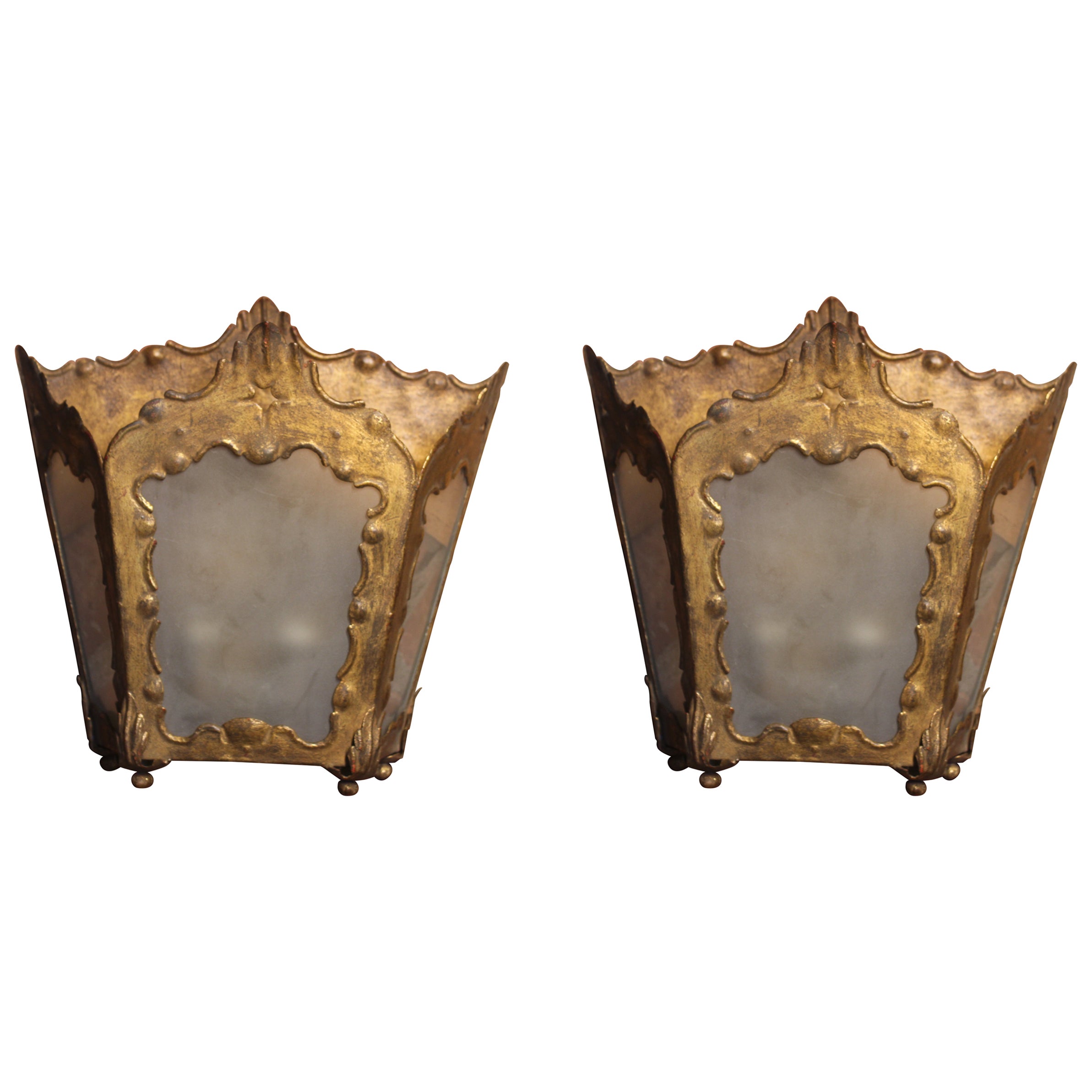 Pair of 1940s French Gilt Metal and Frosted Glass Sconces For Sale