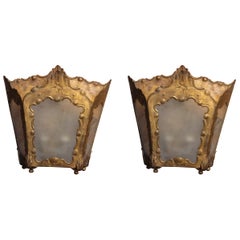Pair of 1940s French Gilt Metal and Frosted Glass Sconces