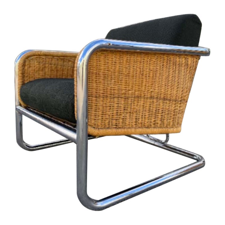 Martin Visser Wicker and Chrome Cantilever Lounge Chair