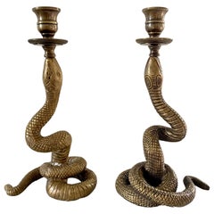 Vintage Brass Serpent Snake Candle Holders, Pair