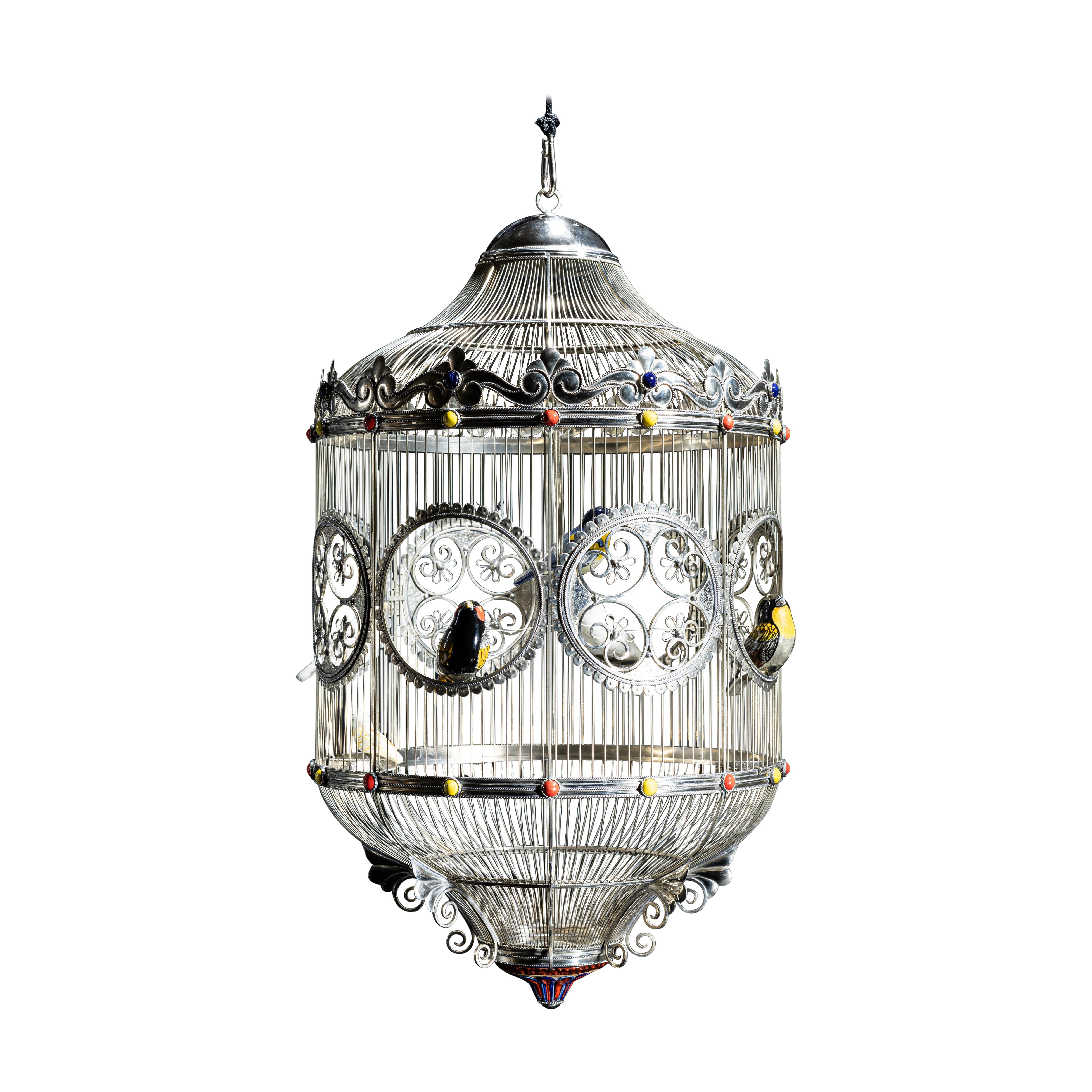 Alpaca White Metal Ceramic Bird Cage, One of a Kind at 1stDibs