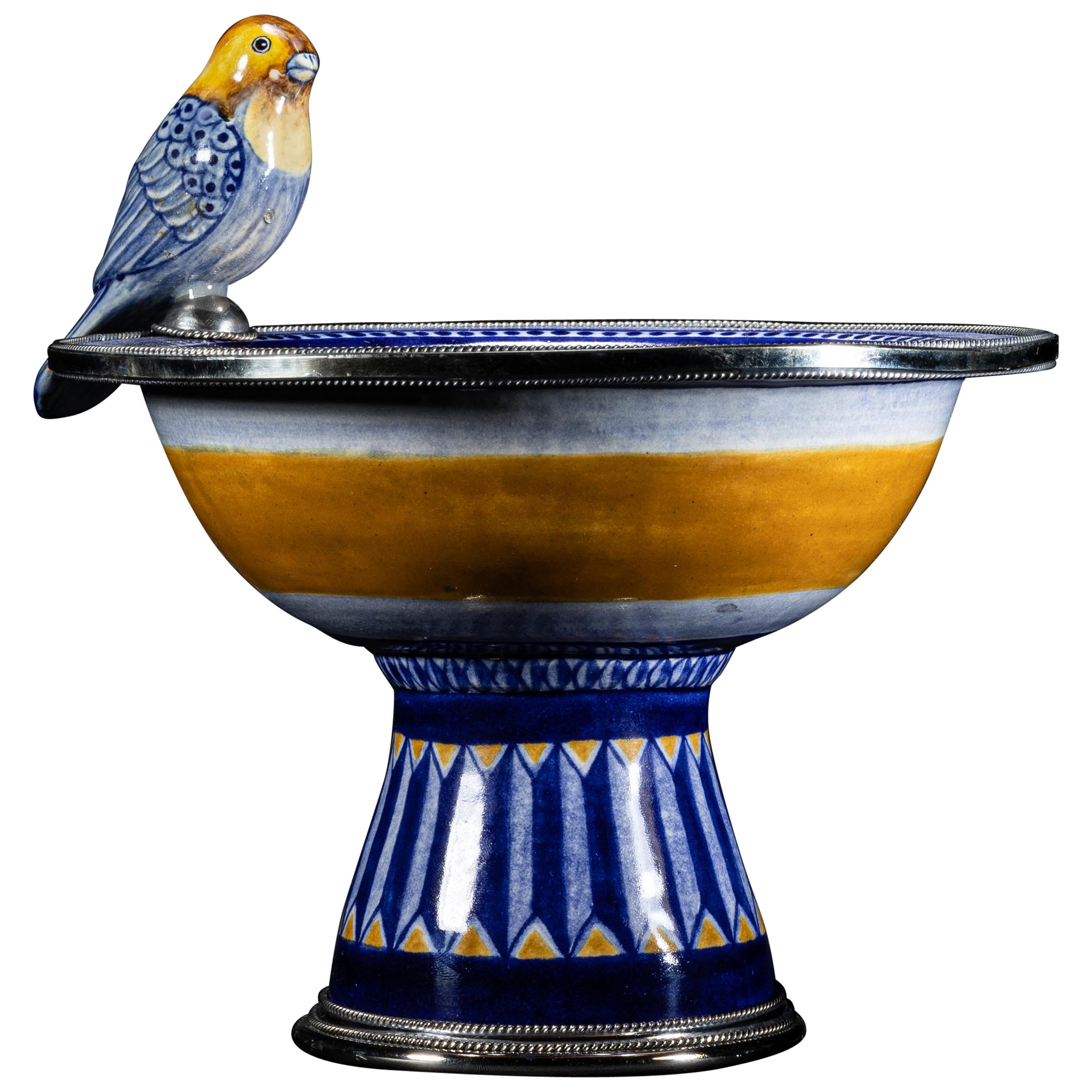 Ceramic and White Metal 'Alpaca' Bird Bowl Centerpiece