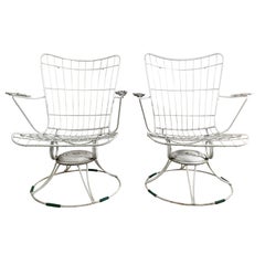 Mid-Century Modern White Castiron Homecrest Wire Lounge Chairs, Pair