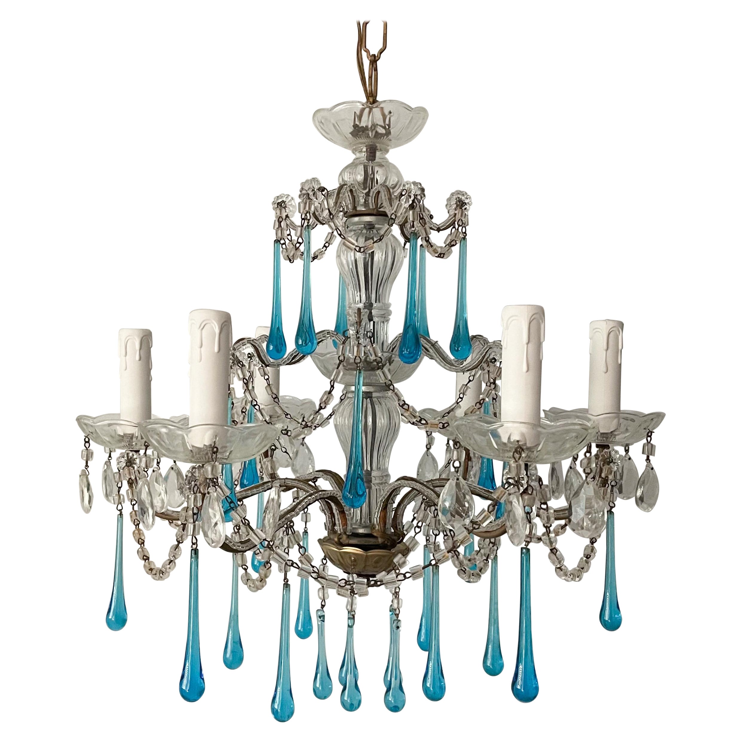 Italian BeadedArm Six Light Chandelier with Turquoise Glass Drops at