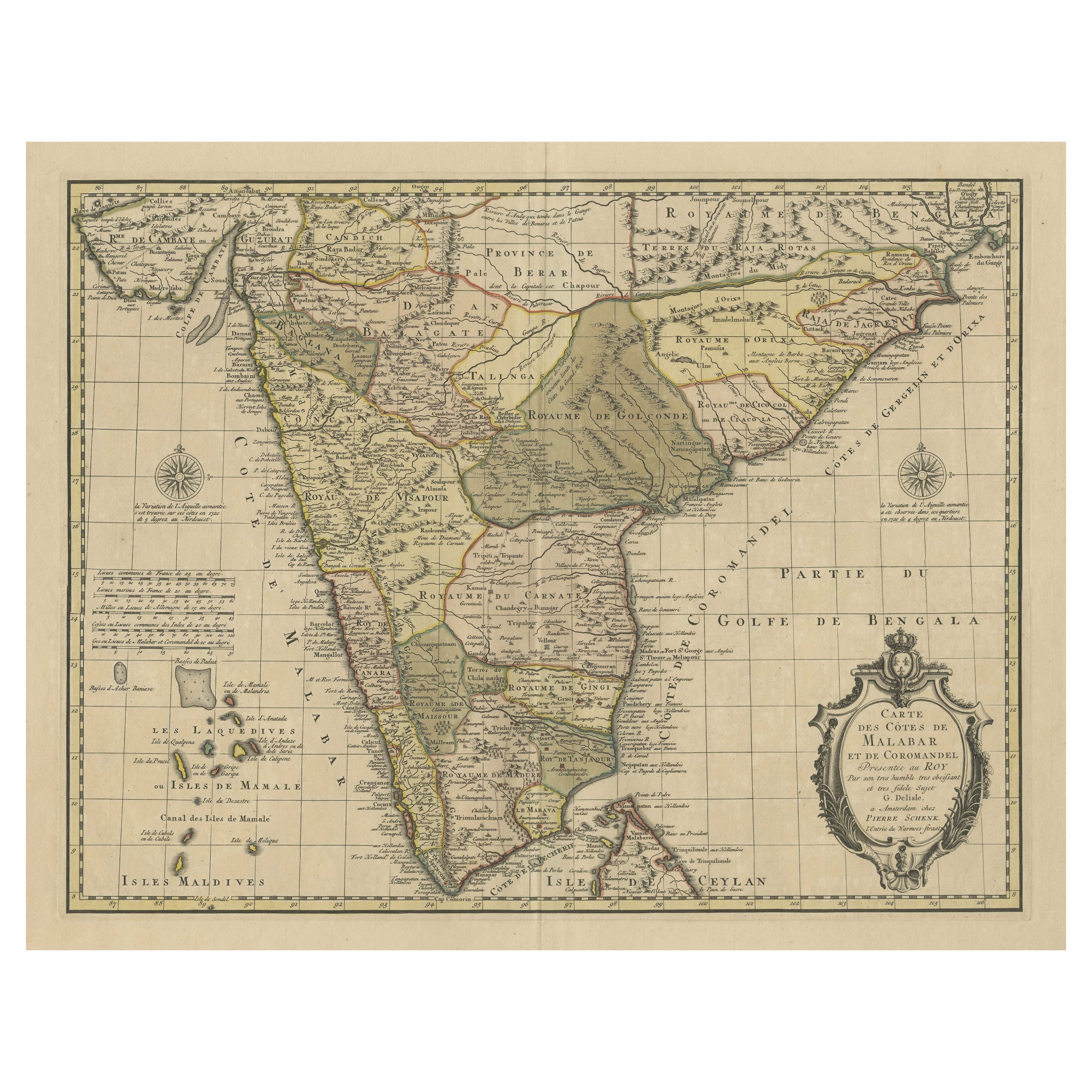 Detailed Decorative Antique Map of the Coast of Malabar and Coromandel, India For Sale