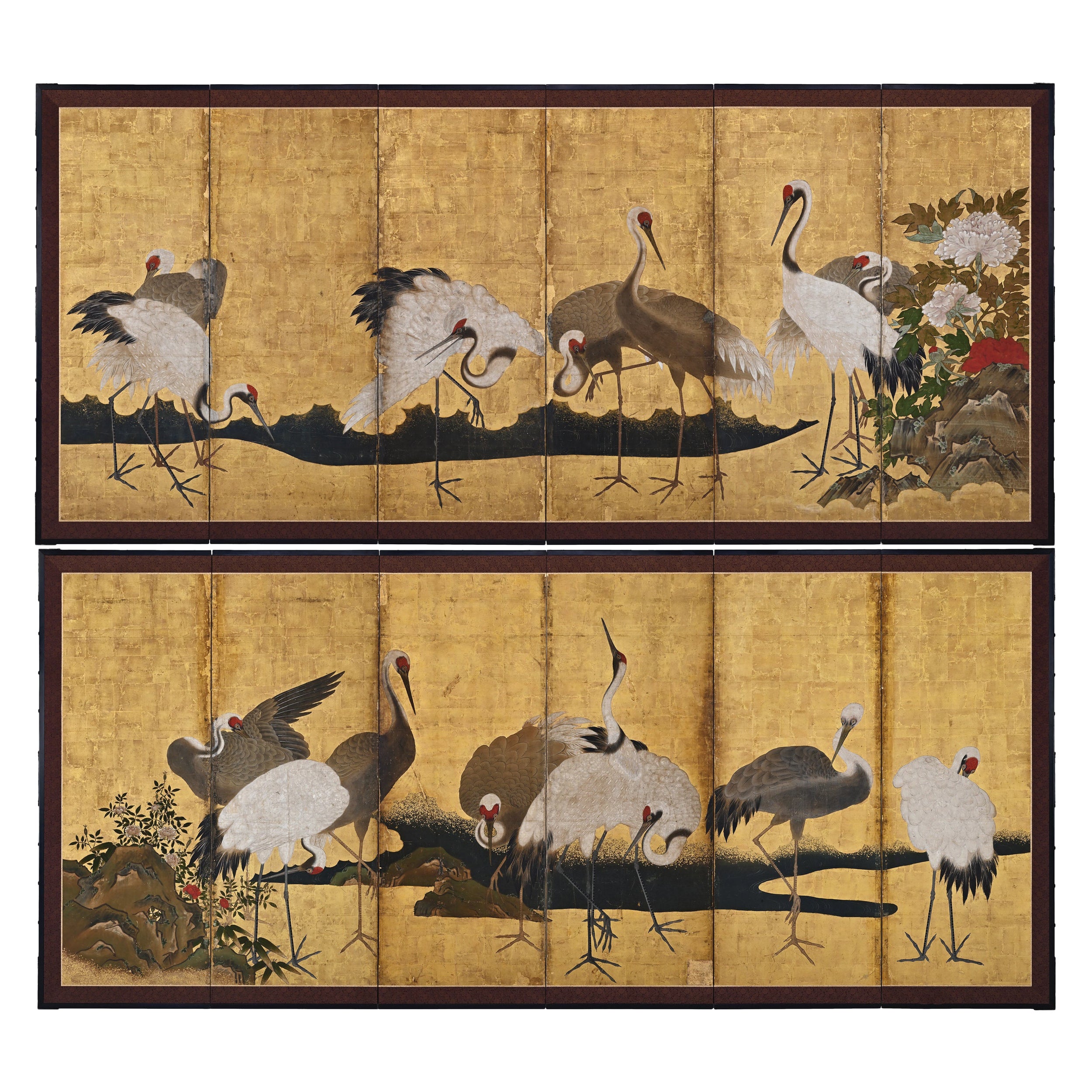 17th Century Japanese Screen Pair, Cranes For Sale