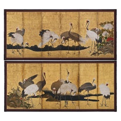 Antique 17th Century Japanese Screen Pair, Cranes