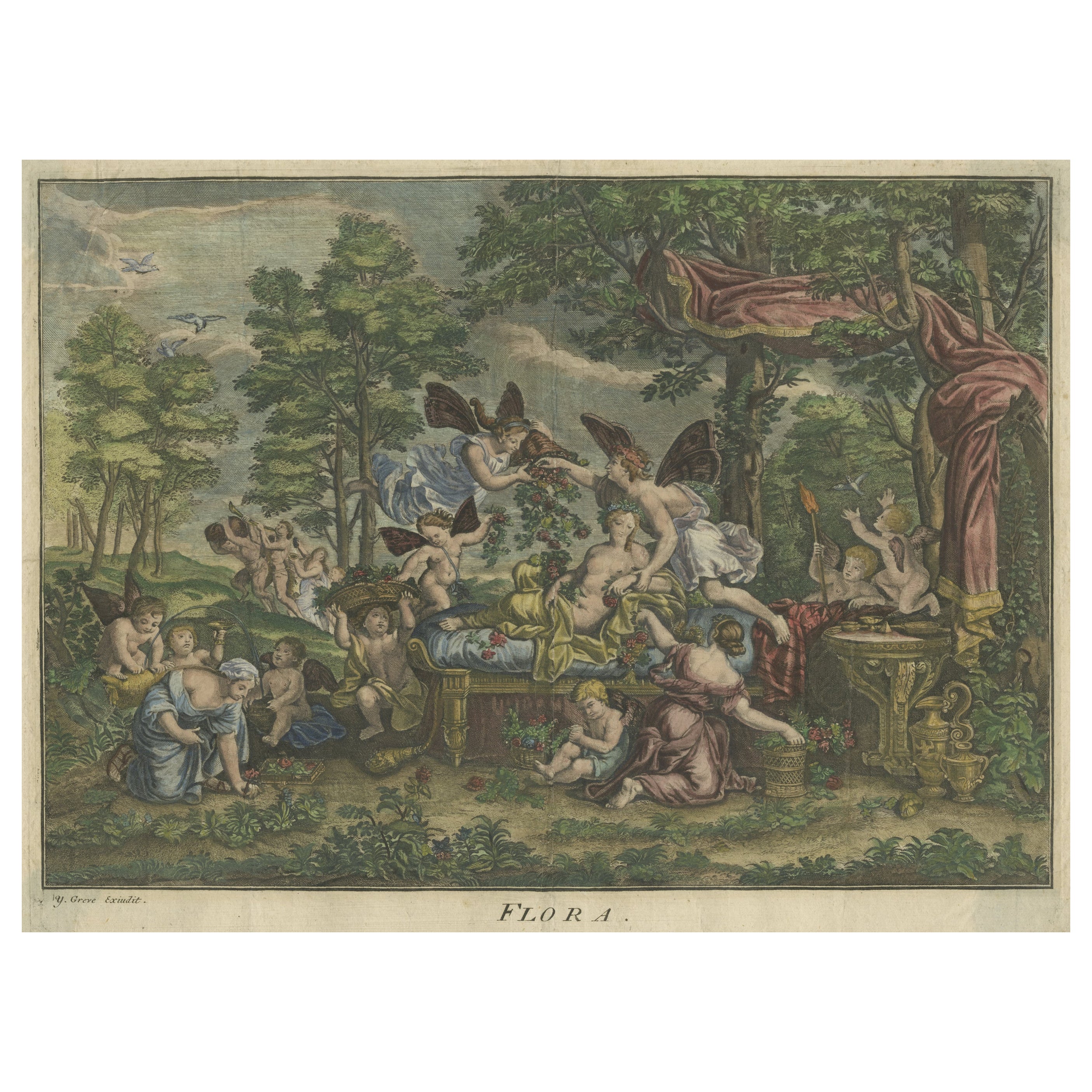 Rare Hand-Colored Antique Engraving of Flora Lying on a Bed Surrounded by Angels For Sale
