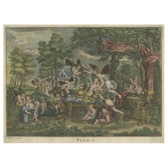 Rare gravure ancienne colorée à la main représentant Flora couchée sur un lit entourée d'anges