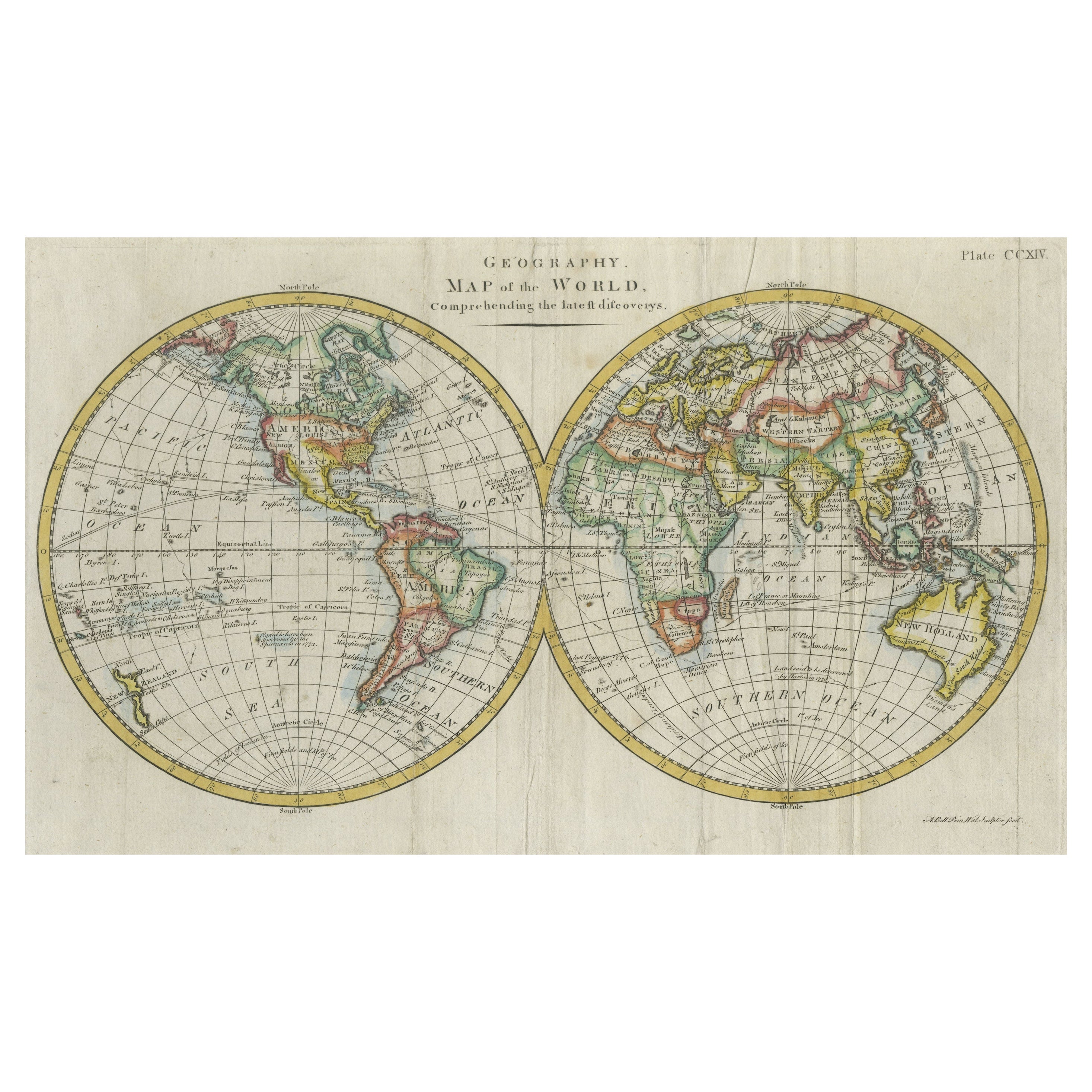 Interesting Original Antique Hemisphere Map Showing the Latest Discoveries