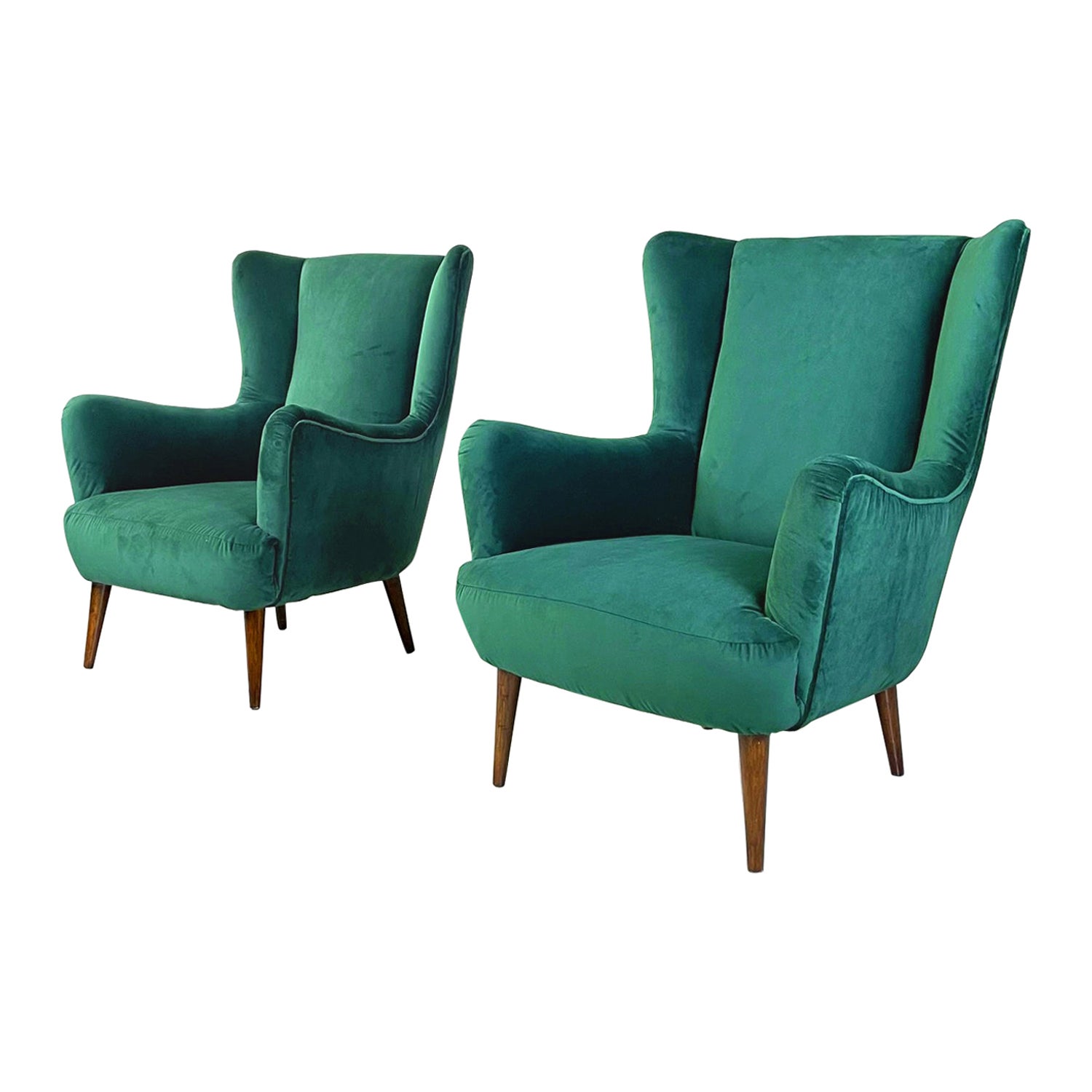 Italian Mid-Century Armchairs in Forest Green Velvet and Wooden Legs, 1950s For Sale