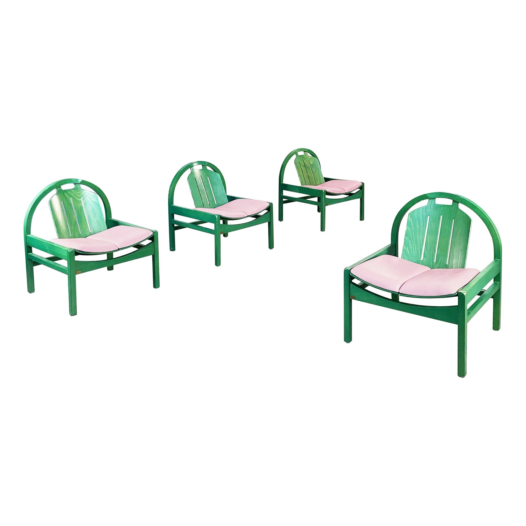 French Modern Armchairs Argos in Pink Leather and Green Wood by Baumann, 1970s For Sale