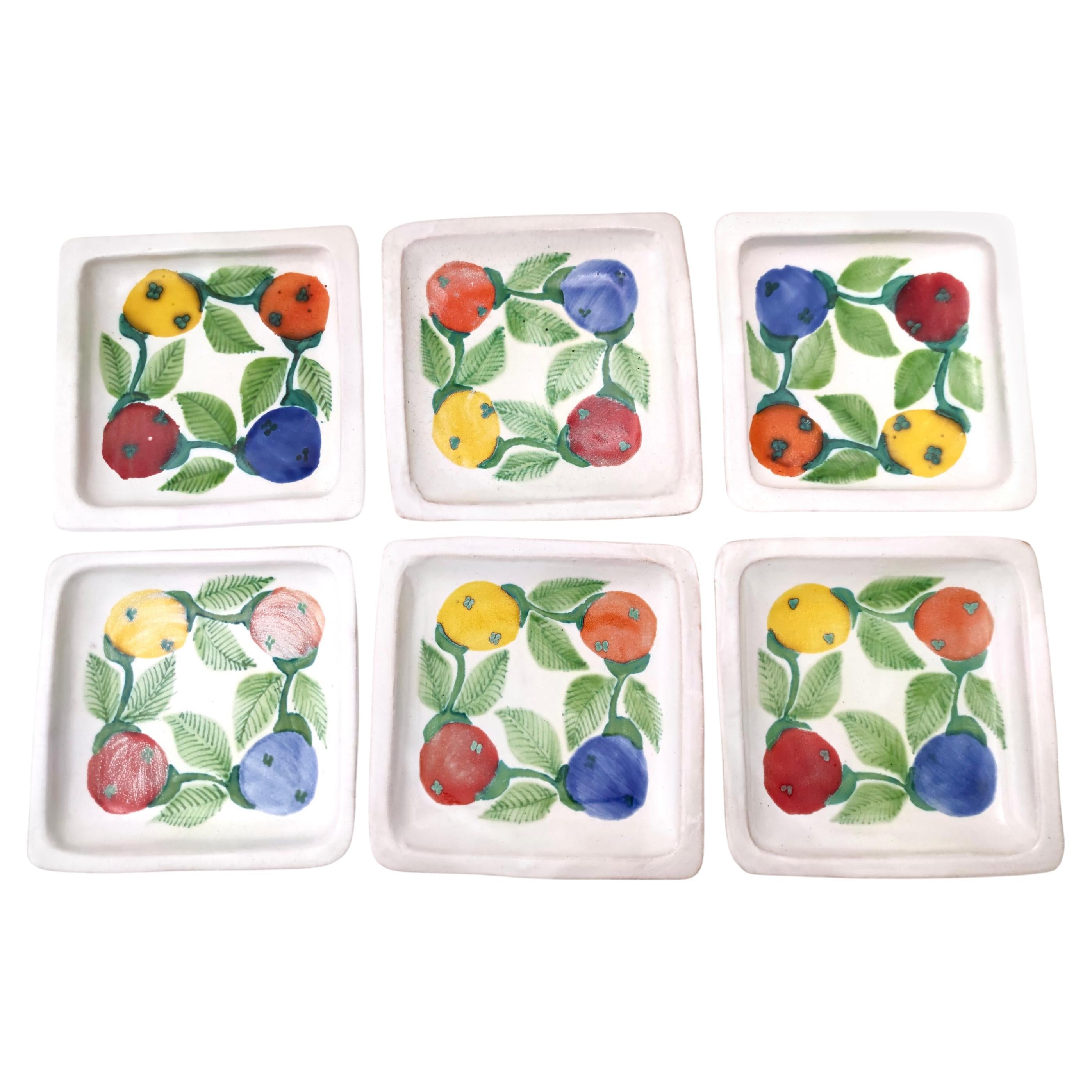 Set of Six Vintage Square Hand-Crafted Earthenware Plates by De Simone, Italy For Sale