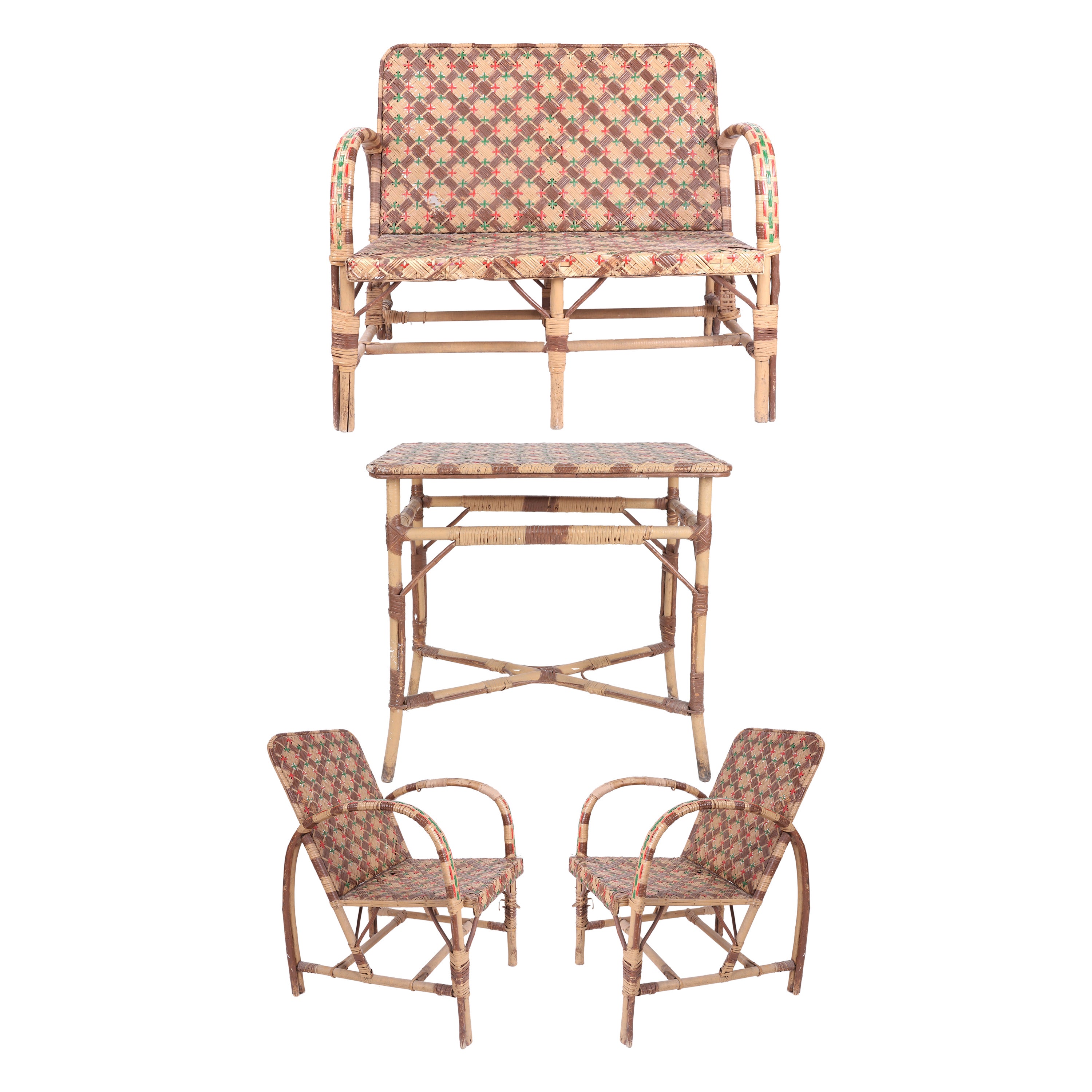 1950s Spanish Set Consisting of Sofa, Two Armchairs and Wicker Table