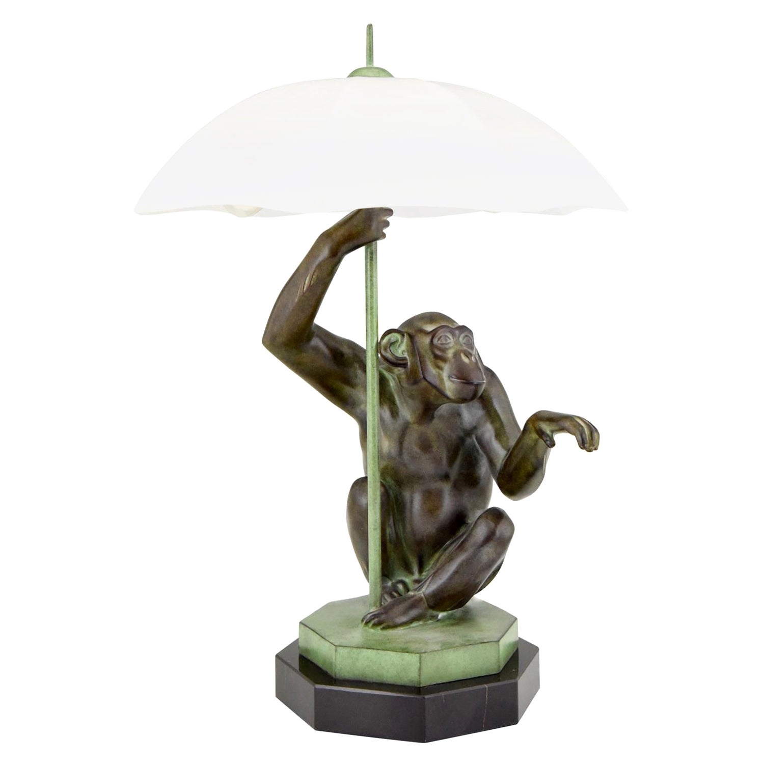 Art Deco Style Table Lamp Monkey with Umbrella by Max Le Verrier, France For Sale