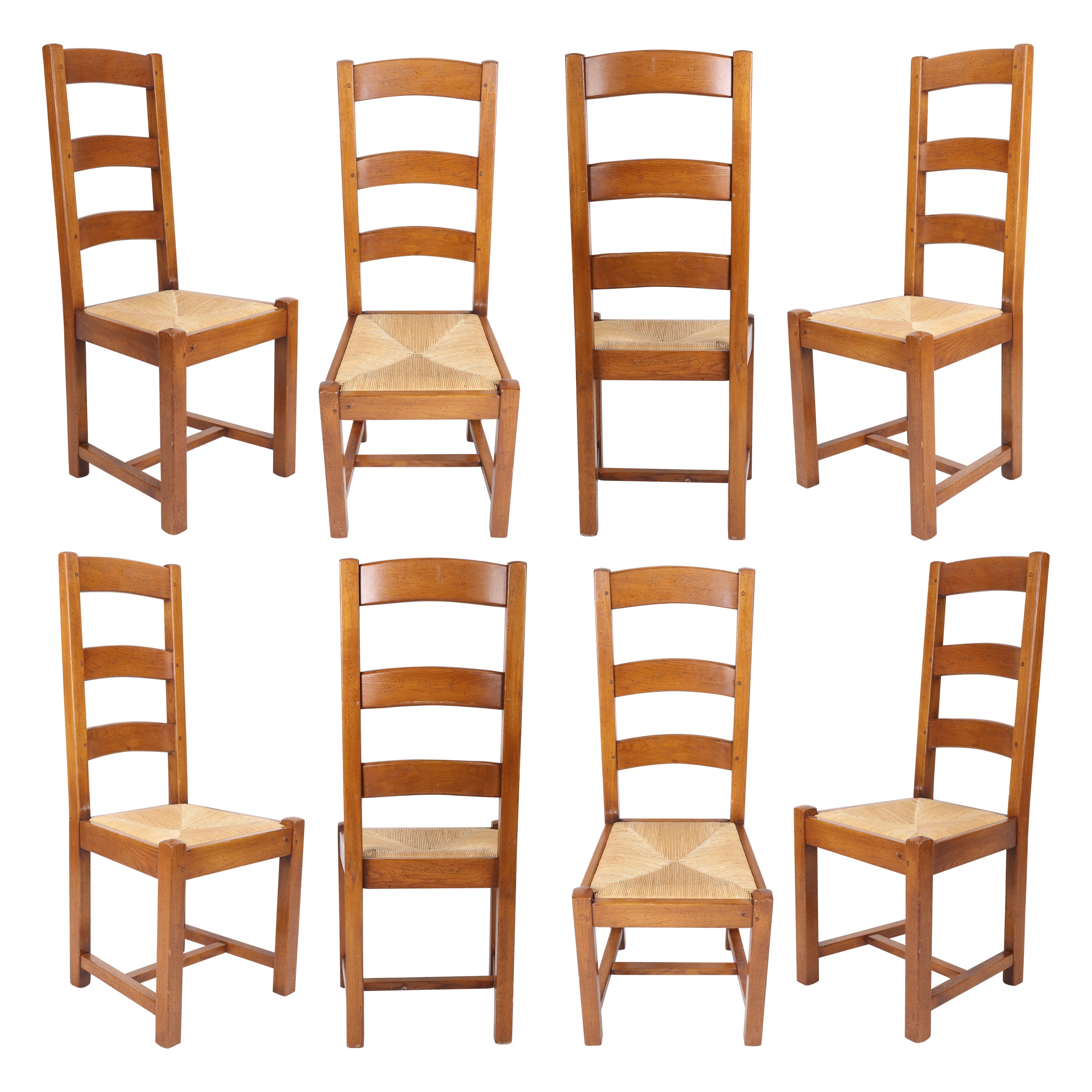 1980s Set of Eight Wooden Chairs with Rope Seat 