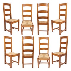 Retro 1980s Set of Eight Wooden Chairs with Rope Seat 