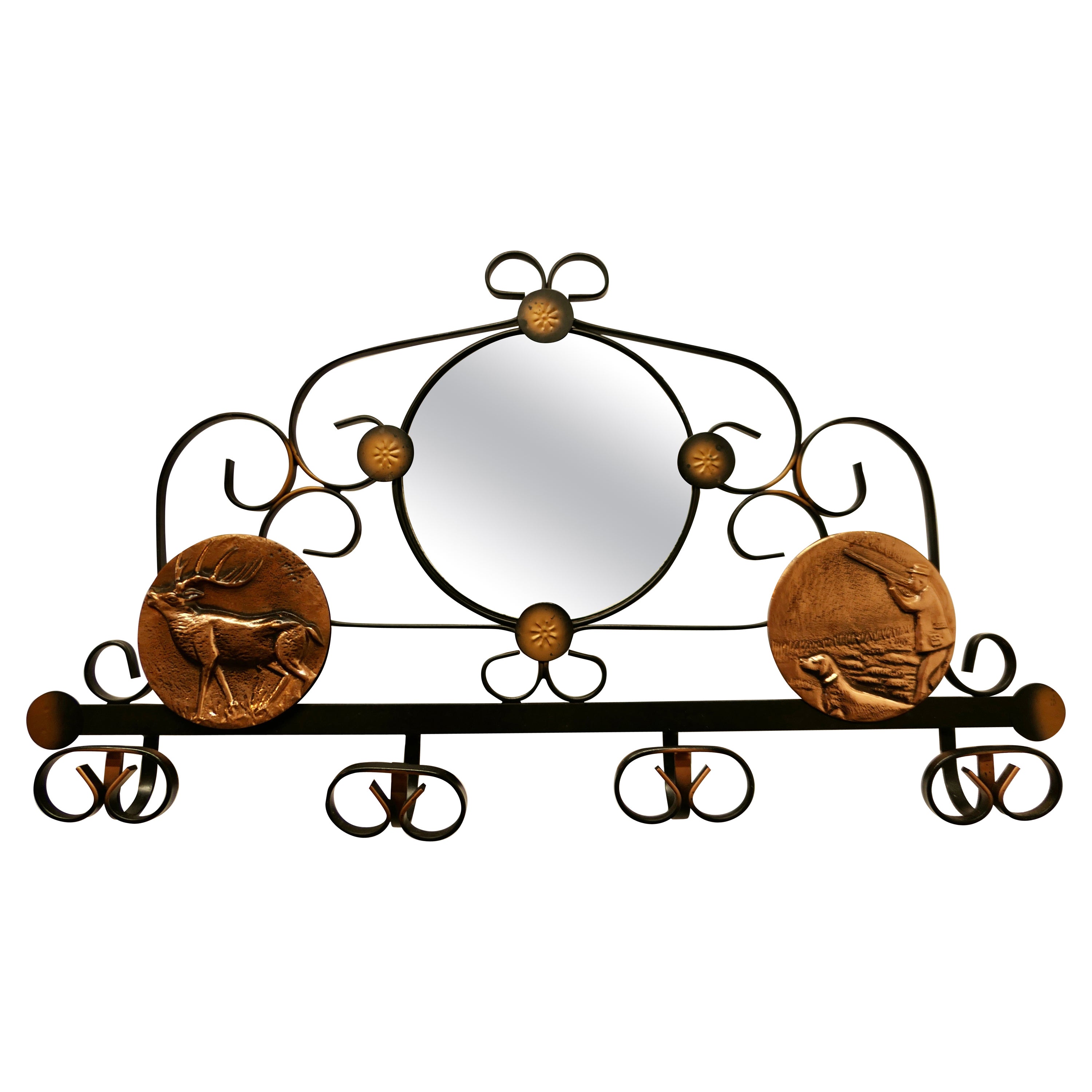 French Iron and Copper Hall Coat Hooks with Mirror For Sale