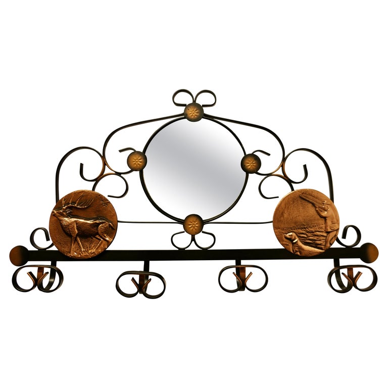 French Iron and Copper Hall Coat Hooks with Mirror For Sale at 1stDibs