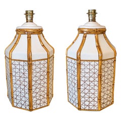 1980s Pair of Spanish Ceramic Lamps with Bamboo Decor Hand Painted
