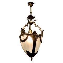 French Etched Opalescent Glass and Ormolu Hanging Pendant Light