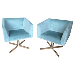 Swivel Accent Chairs in Seafoam Green Microvelvet Fabric attr to Roche Bobois