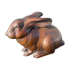 Retro Japanese Fine Large Old Bronze Rabbit with Chocolate Patina, Signed