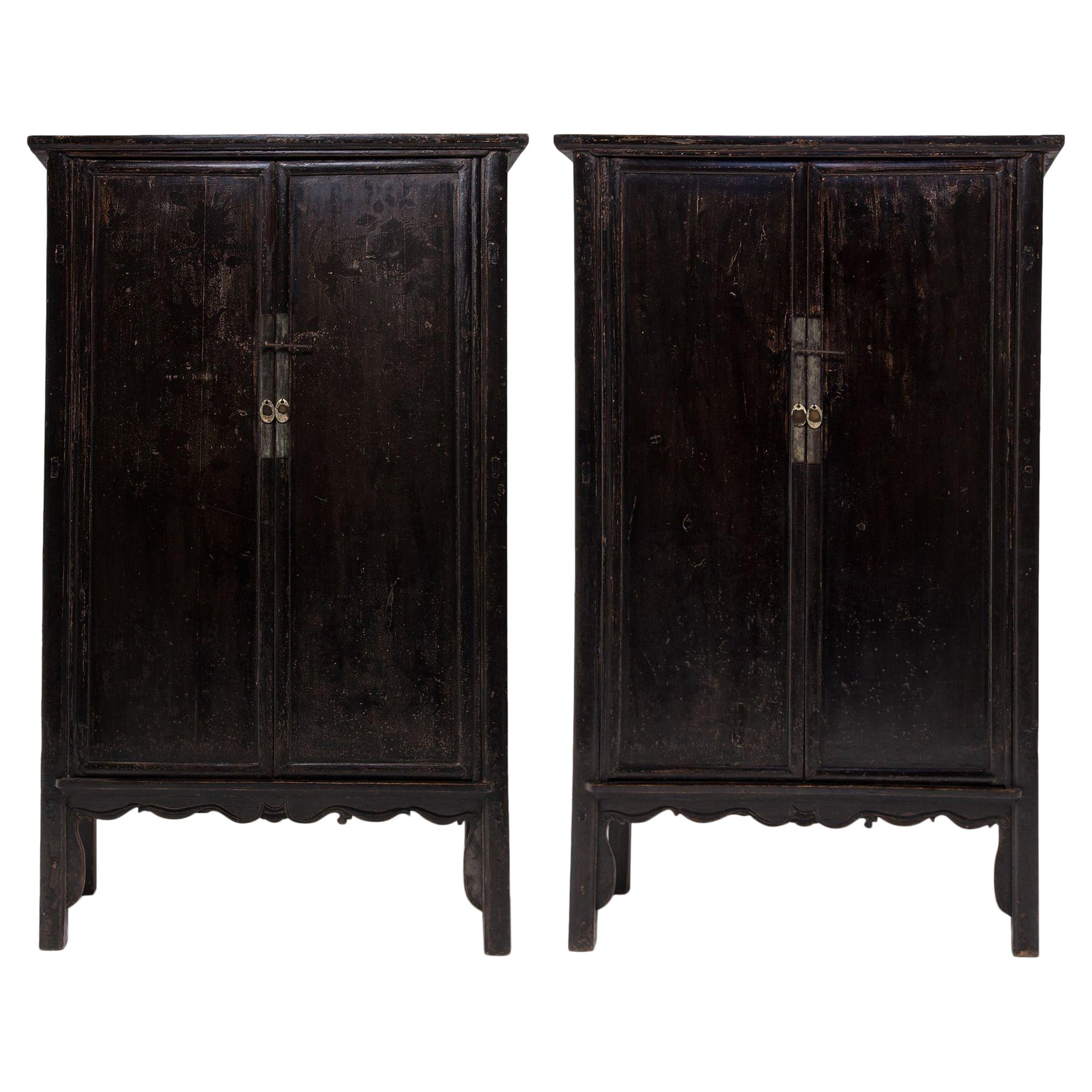 Pair of Black Lacquer Cabinets with Scalloped Aprons For Sale