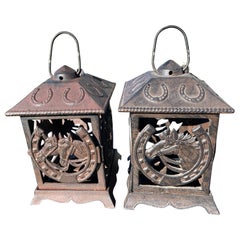 Used Japanese Pair Lucky Horse Shoe Lighting Lanterns