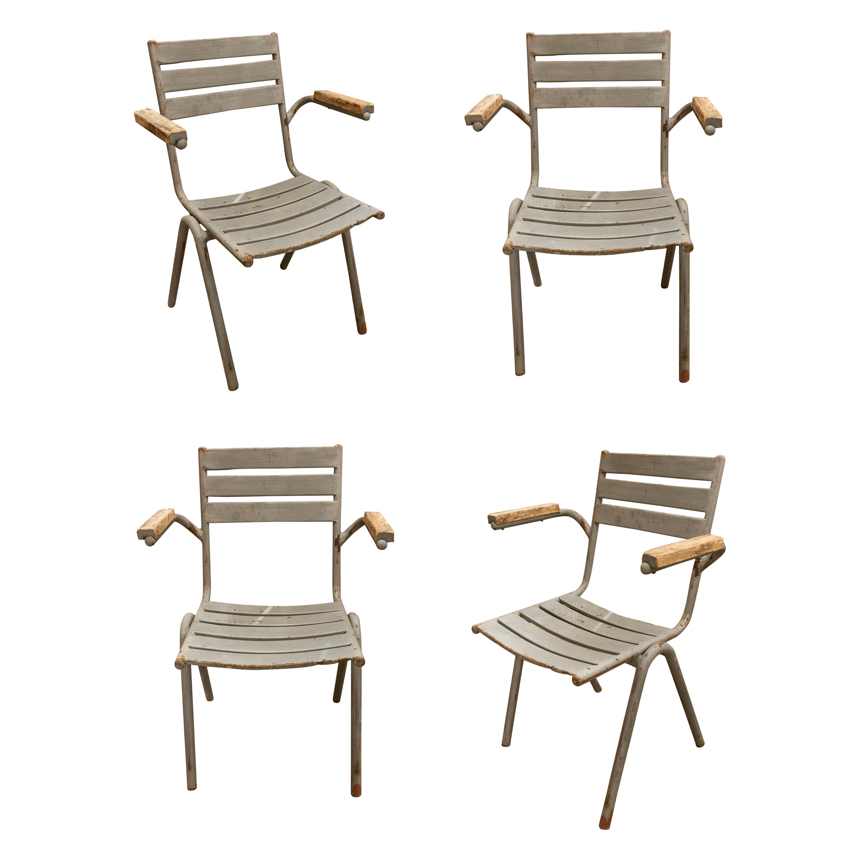 Set de cuatro sillones de jardín de hierro y madera de los años 70