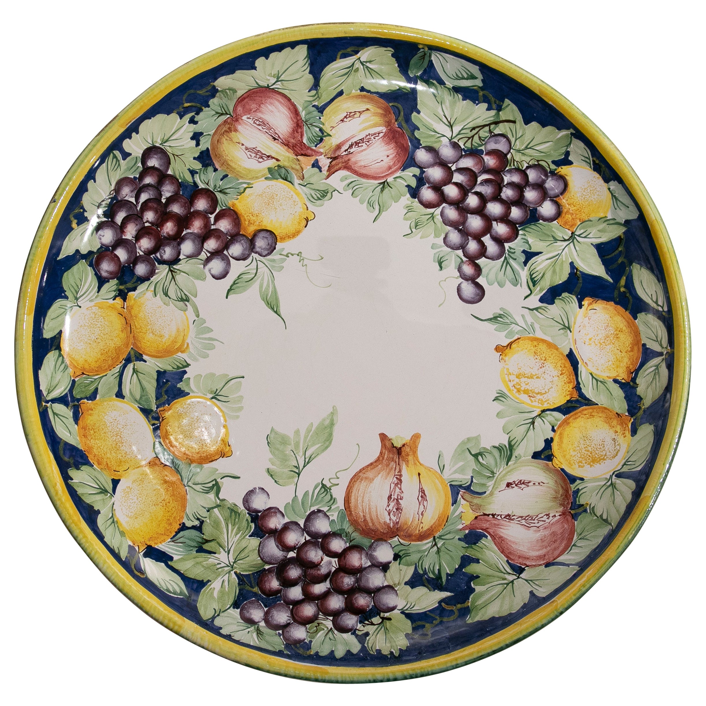 Italian Hand Painted Glazed Ceramic Dish with Fruits and Leaves