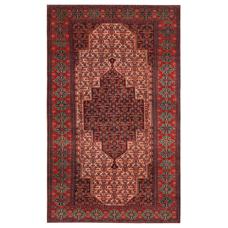 Tapis Persan Senneh Noué à La Main – 155x117 Cm – Laine Et Coton – Motif Oriental Rouge