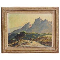 French Oil on Canvas Board, Mountain Passage with Drover and Donkey, Early 20thC
