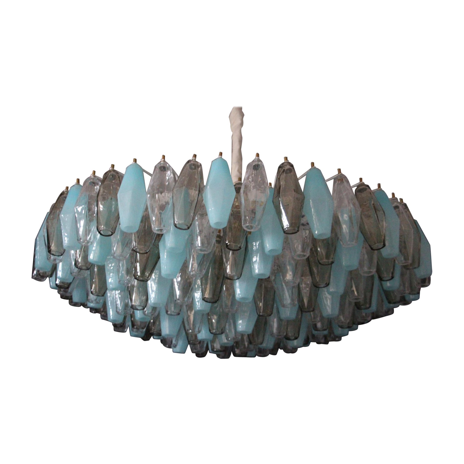 Mid Century Round Venini Style Chandelier in Blue, Amber and White Poliedri For Sale