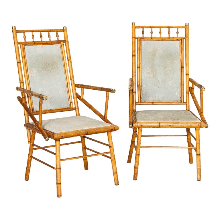 Pair, Vintage Bamboo Arm Chairs with Fabric Back and Seats from England