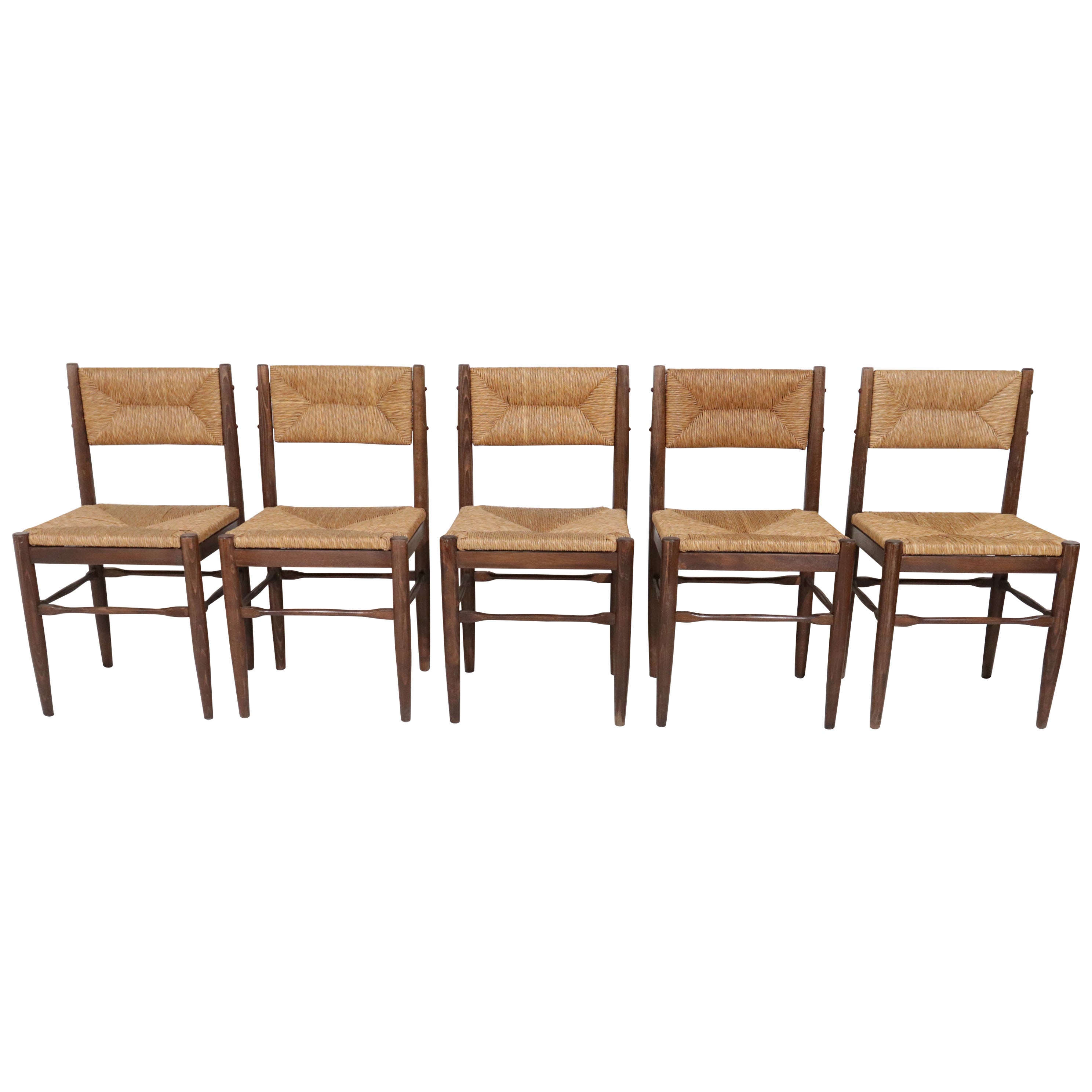 5 Hungarian Pine Rush Dining Chairs in Style of Charlotte Perriand
