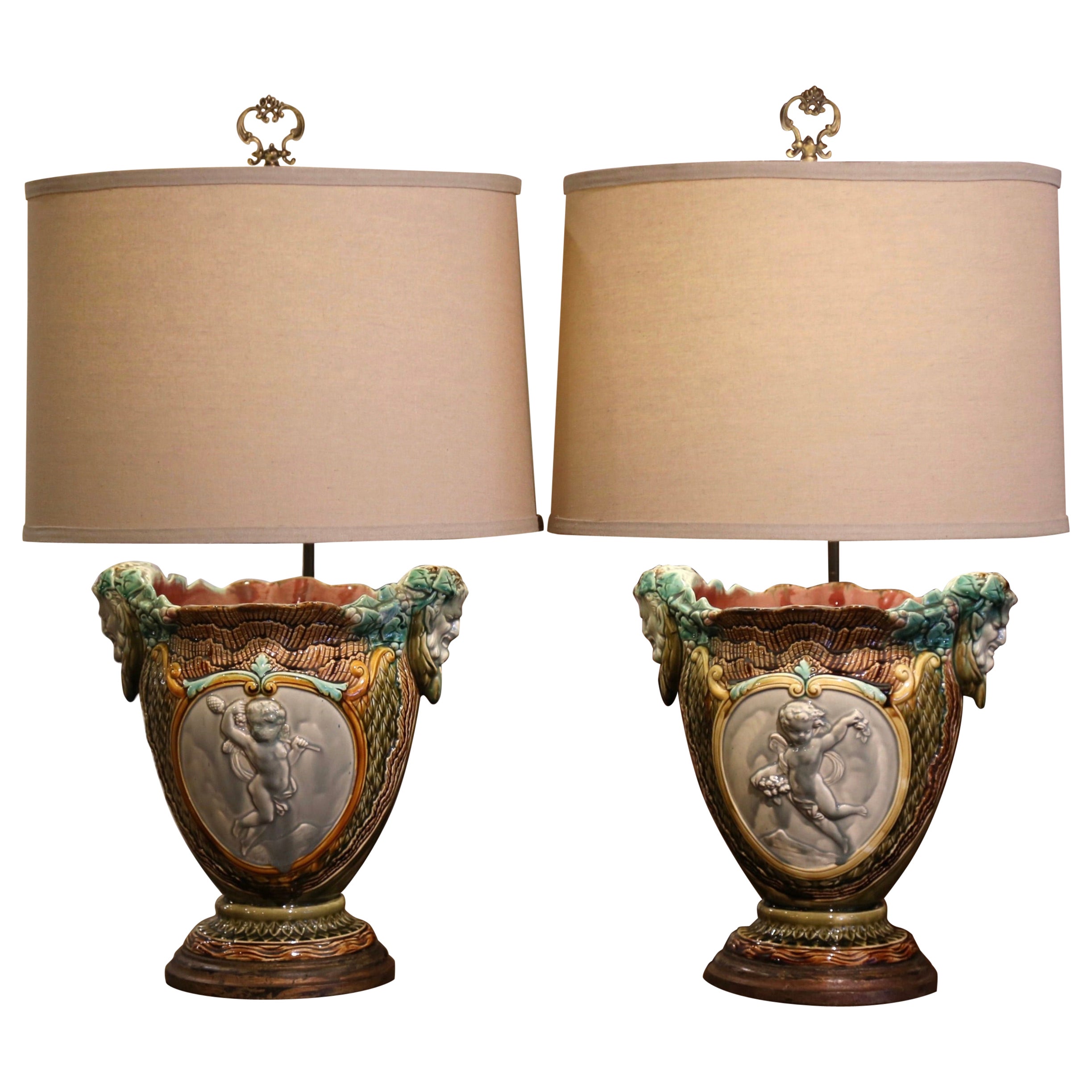 Pair of 19th Century French Barbotine Faience Cache Pots Converted into Lamps