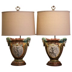 Antique Pair of 19th Century French Barbotine Faience Cache Pots Converted into Lamps