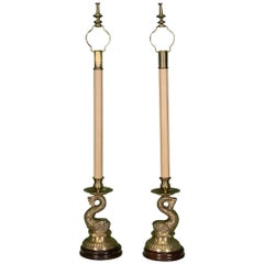 Vintage Brass Asian Dolphin Candlestick Table Lamps