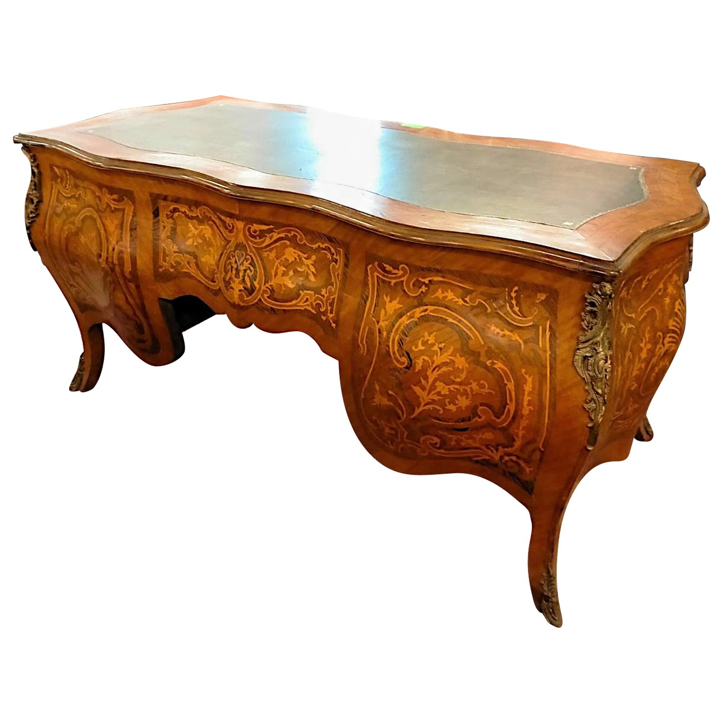 French center room desk inlaid and move top in leather and bronze profiles For Sale