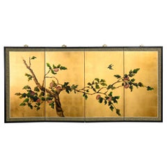 Vintage Chinoiserie Asian 4 Panel Silk Byobu Folding Screen or Wall Hanging Brass Accent