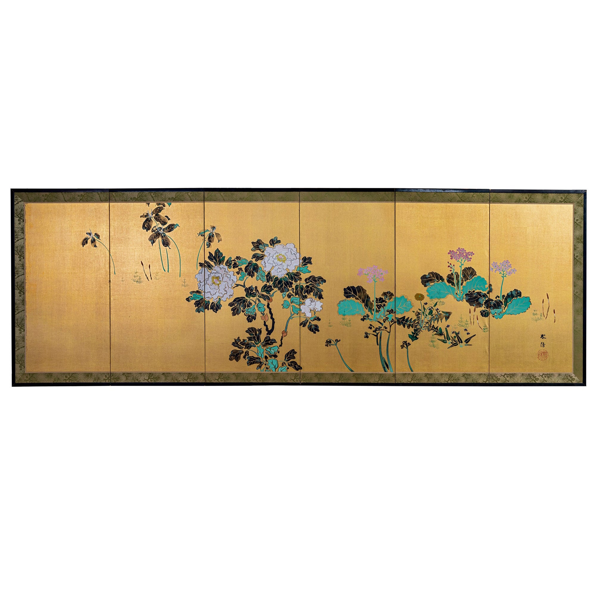 Japanese Six Panel Screen, Peonies and Young Growth on Gold Silk