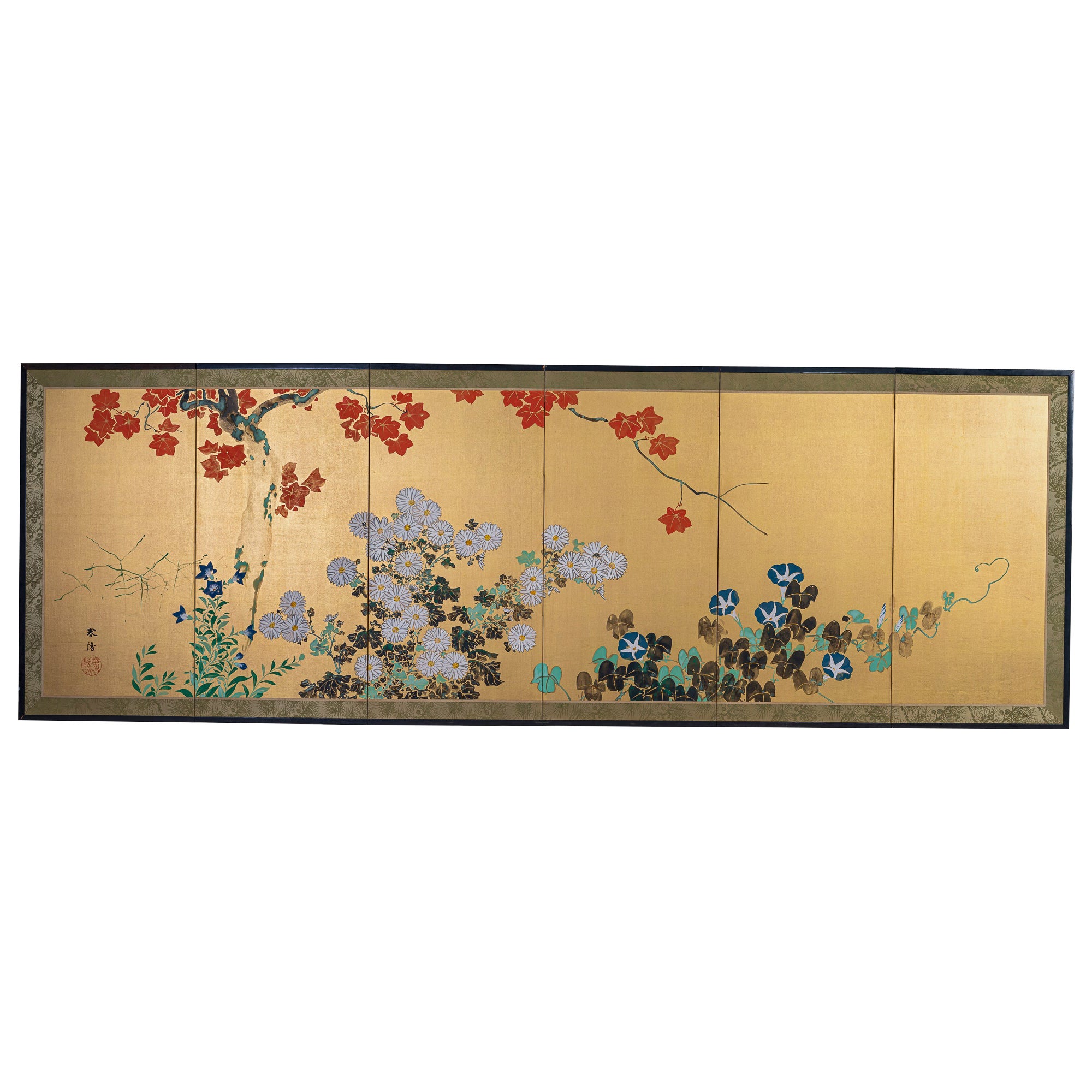 Japanese Six Panel Screen: Red Maple and Flowers on Gold Silk
