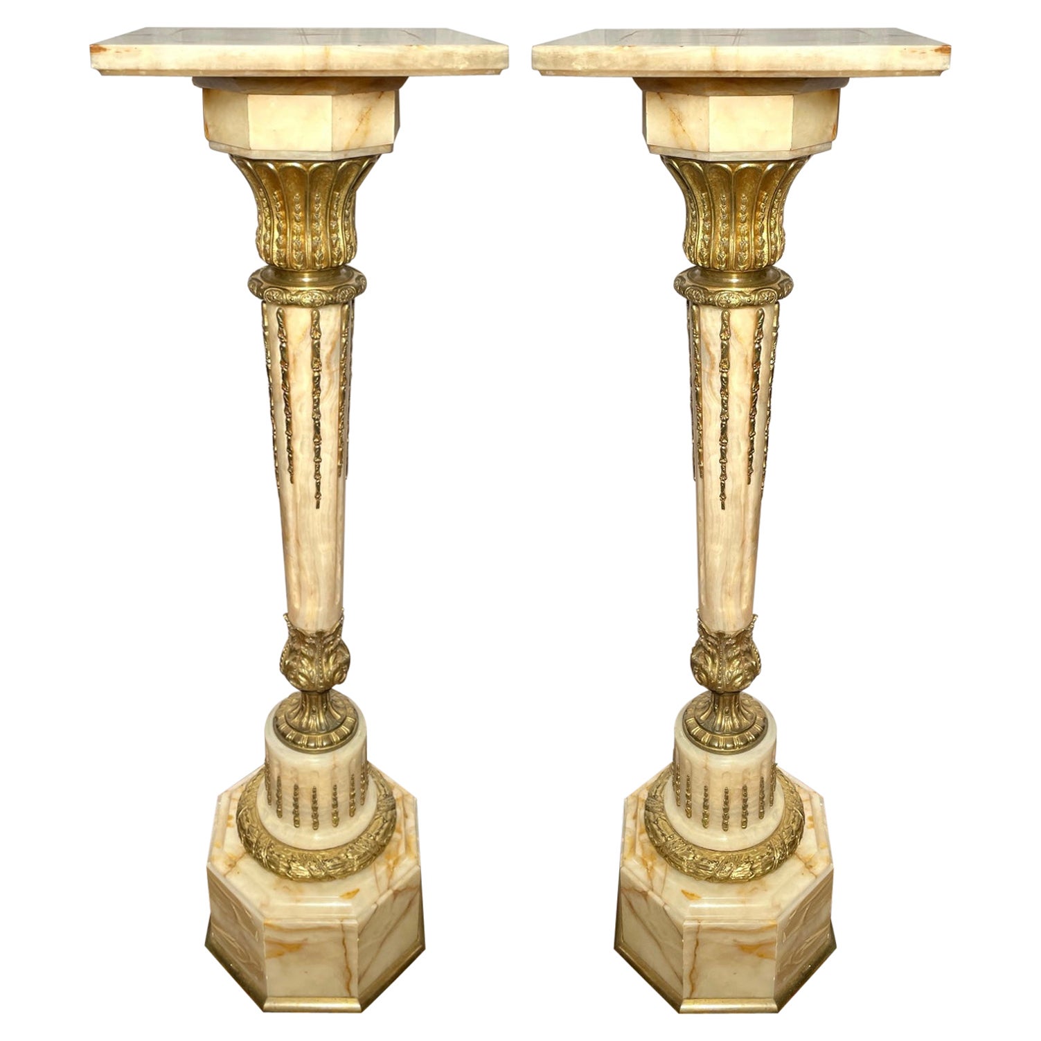 Pair Antique French White Onyx Marble and Gold Bronze Pedestals, Circa 1875-1885