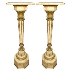 Pair Antique French White Onyx Marble and Gold Bronze Pedestals, Circa 1890