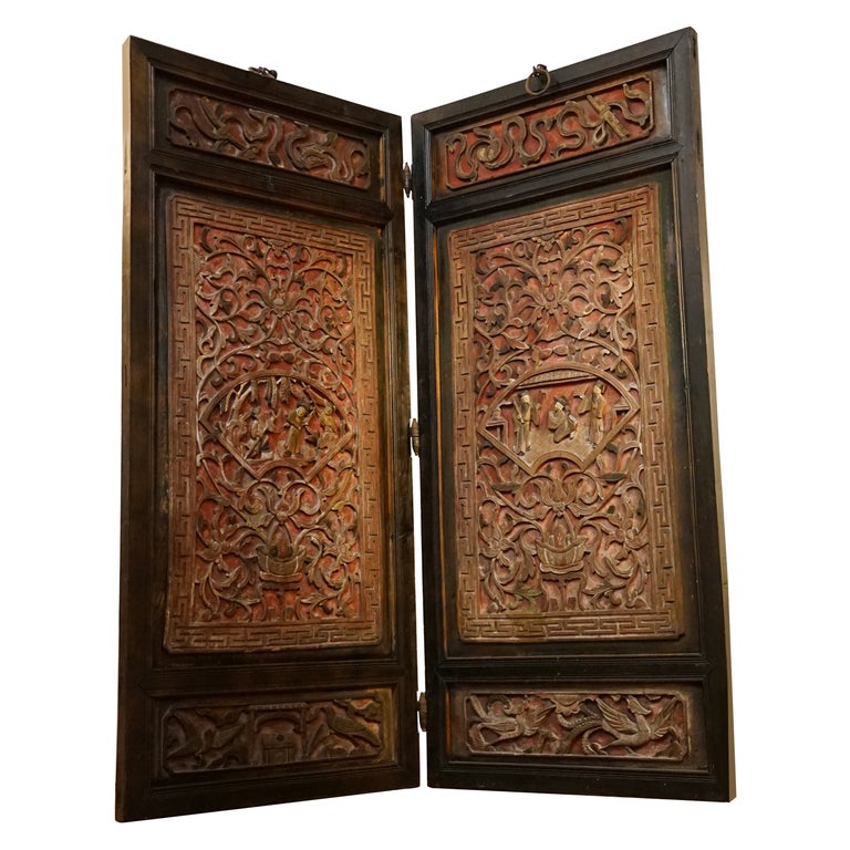 19th Century Hardwood Red and Ebonized Carved Figural Two-Panel Screen For Sale