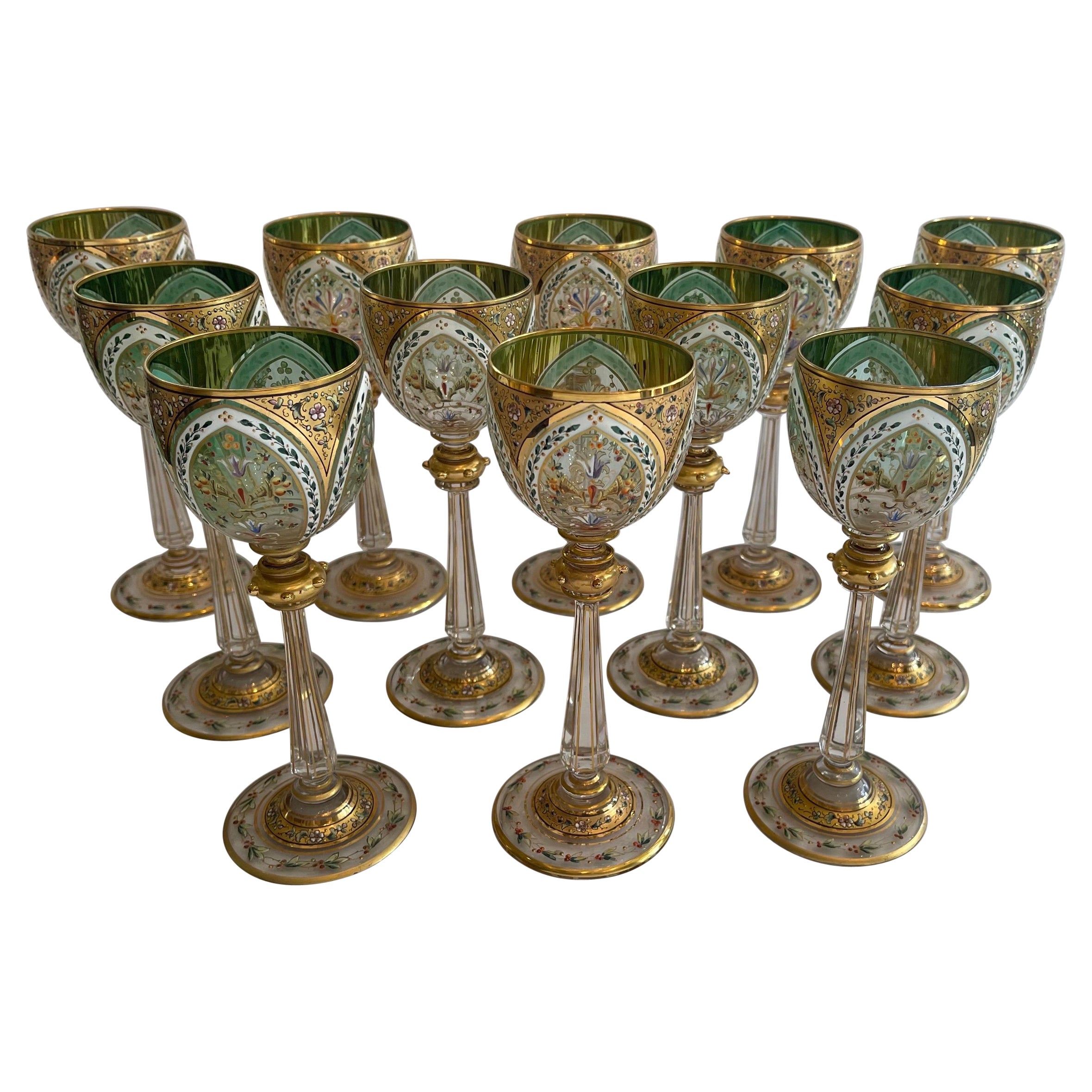 Wonderful Service 12 Moser Aesthetic Enameled Flower Bouquet Cut Crystal Glasses