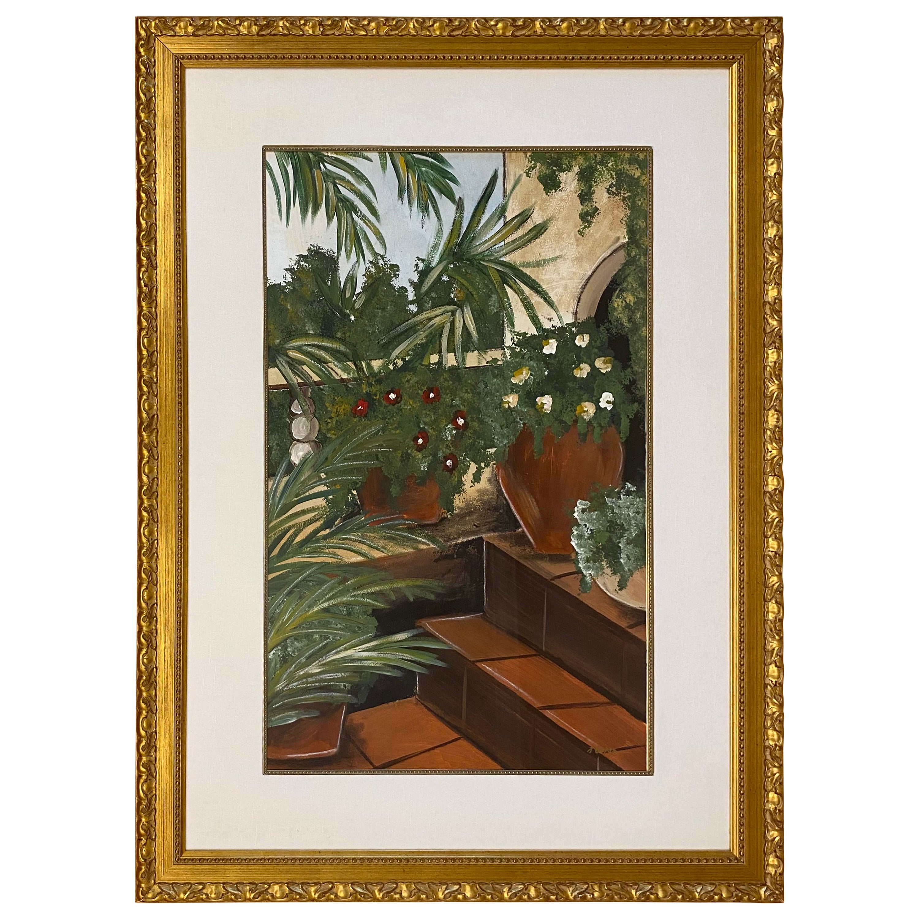 Grande peinture à l'huile sur papier de palmiers tropicaux dans un cadre en bois doré