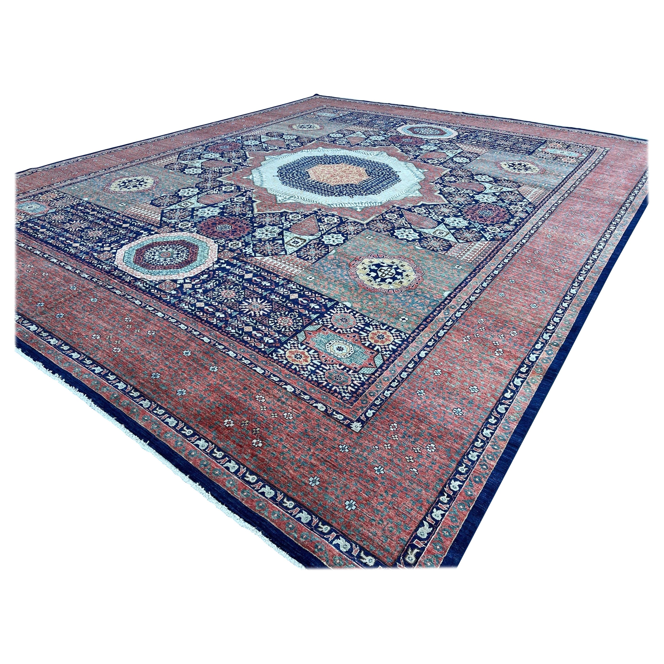 Hand-Knotted Afghan Mamluk Area Rug Salmon Pink Red Navy Blue Teal Sage For Sale