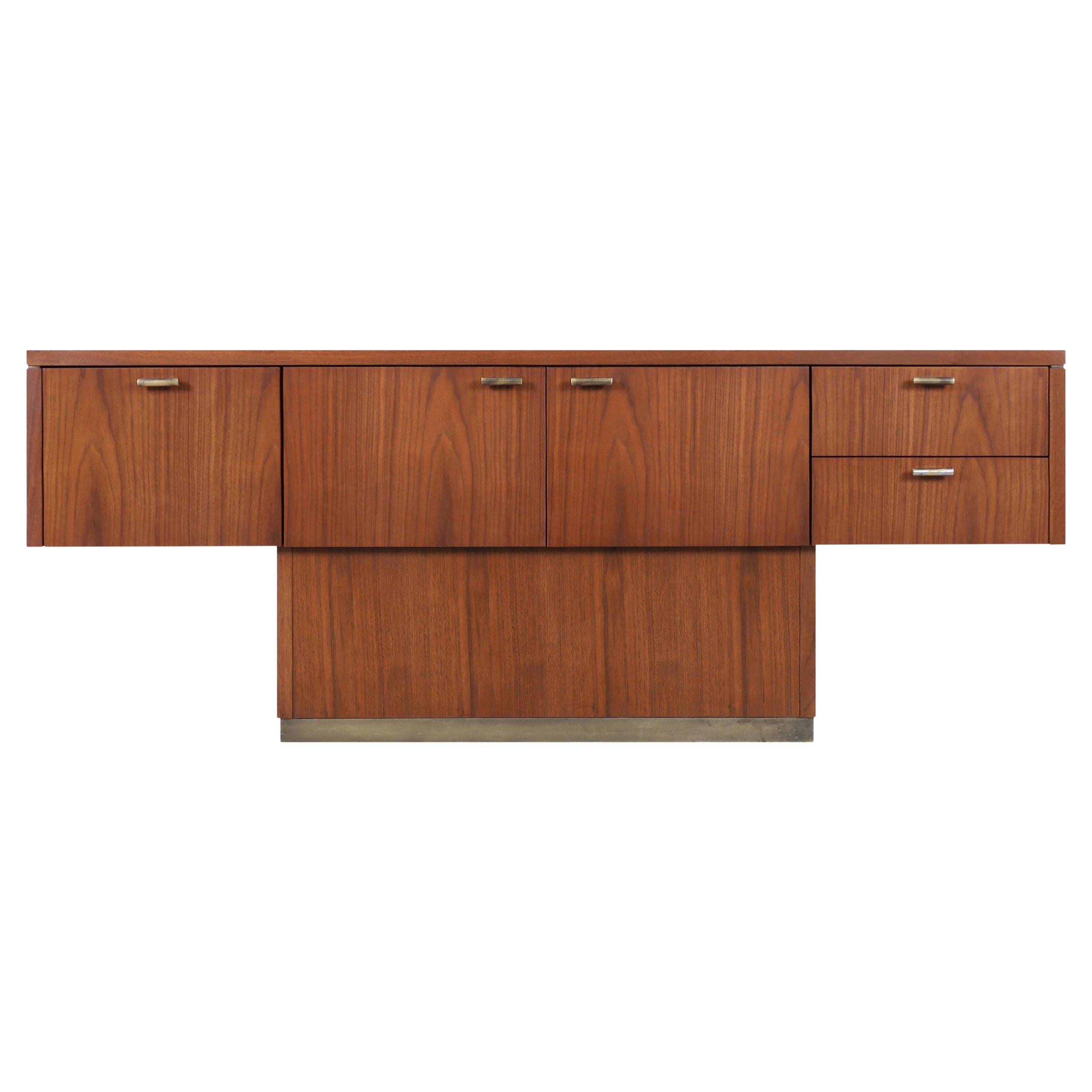 Vintage Walnut and Brass Cantilevered Credenza by Myrtle Desk Co For Sale